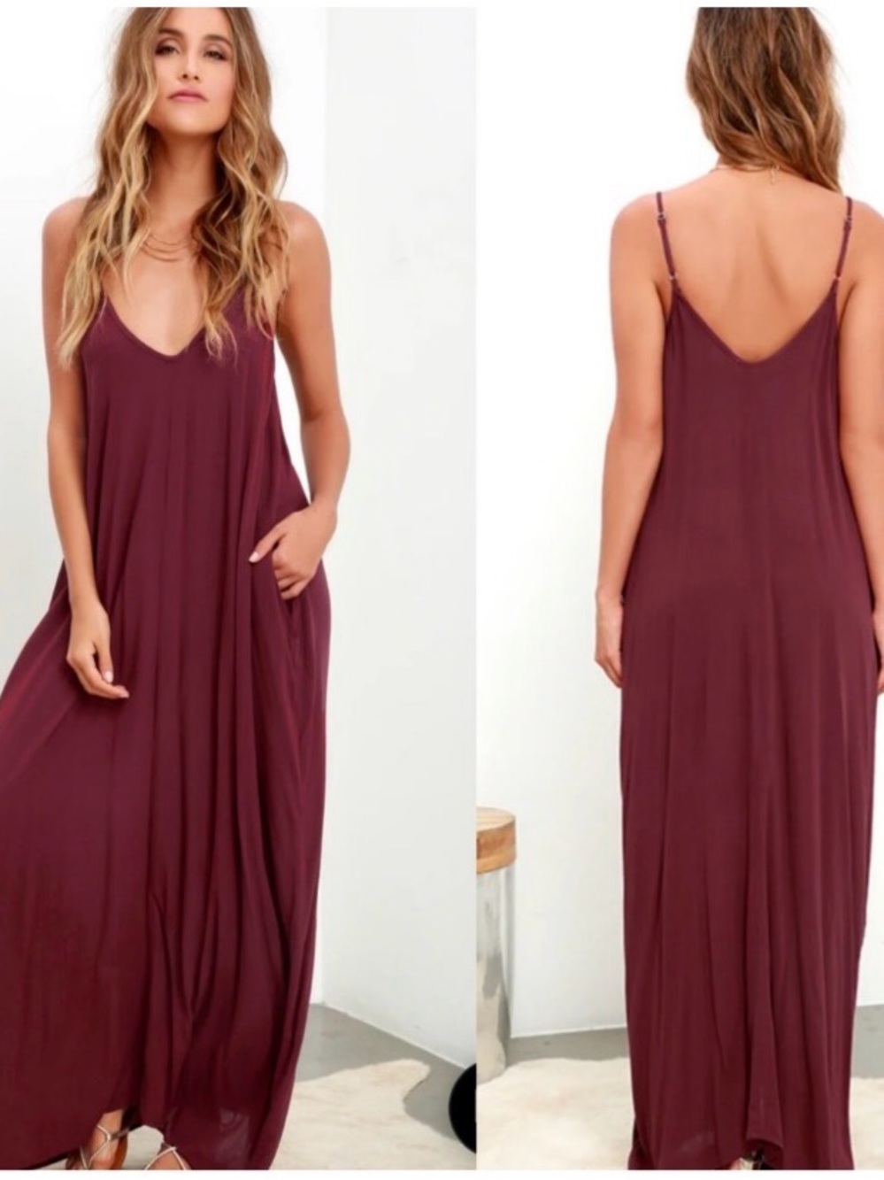 Lulus Women’s Sleeveless V-Neck Maxi Dress in Wine